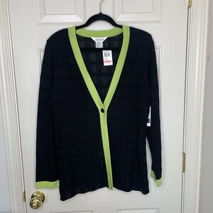 NWT Exclusively Misook Black Green Trim Knit Cardigan Sheer Textured Size S
